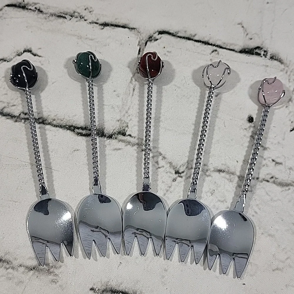 Quartz Topped Cocktail Sporks Silver-tone Wire‎ Wrapped Glossy Stones Set Of 5